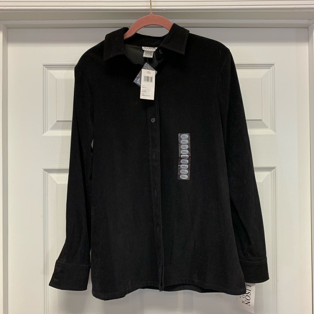 Allison Taylor Stretch Black Mole Skin Button Down Shirt sz S NWT